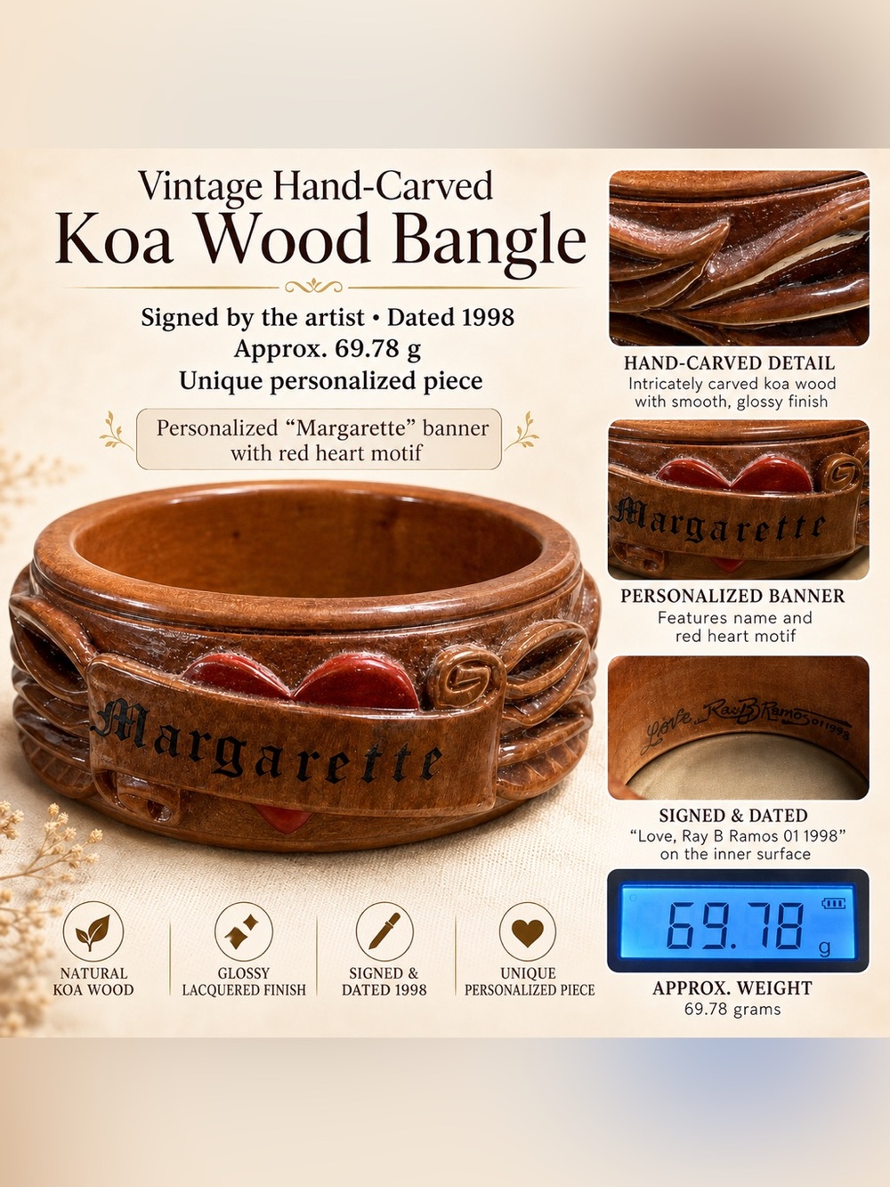 Chunky Vintage Hawaiian Koa Wood Hand-Carved Bangle Bracelet - Brown
